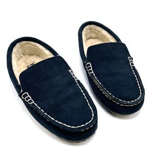 CLARKS Mens Blue Suede Moccasin Slippers Sz 10M  Indoor Outdoor Plush Faux Fur